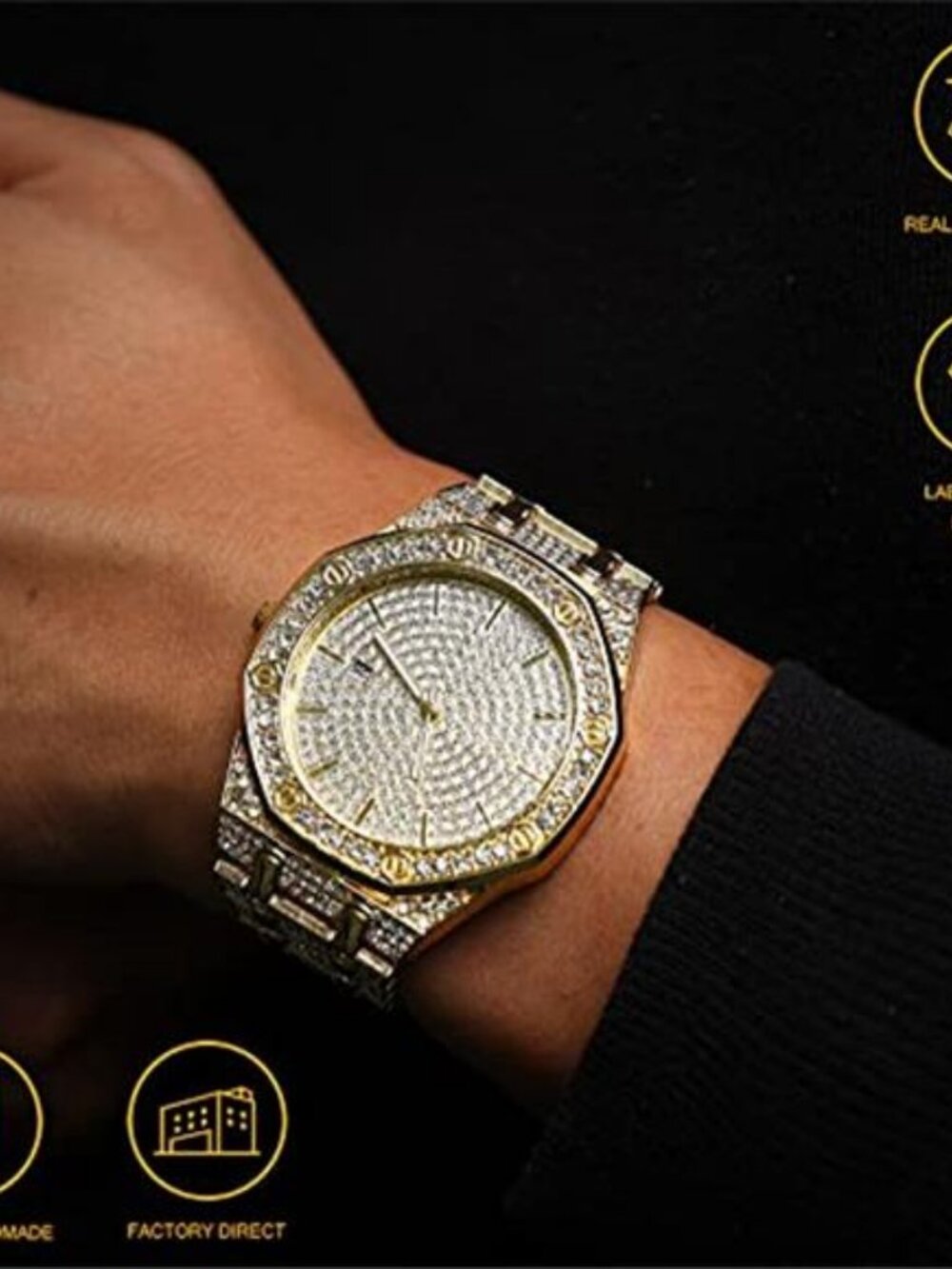 Diamond Watch for Men 18K Real Gold/Platinum White Gold - Picture 2 of 5